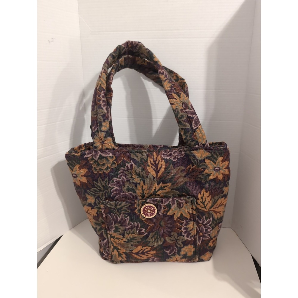 Tapestry Floral Print Medium Tote Bag Pocketbook Purse Wooden Button